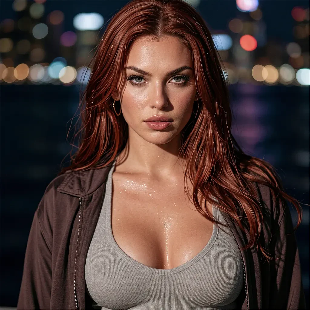 Auburn-haired woman in a grey tank top and dark jacket with city bokeh at night