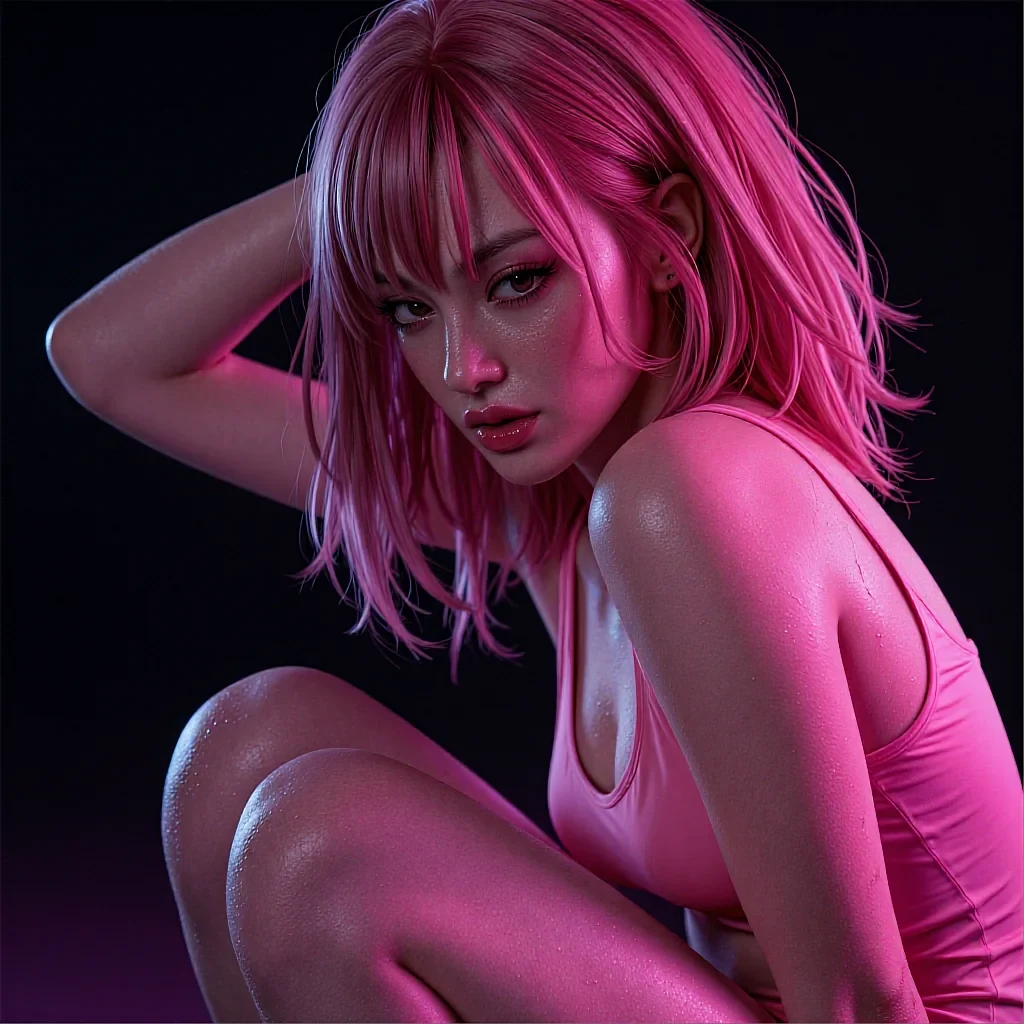Pink bob-haired woman crouching in a pink dress against a dark background with magenta glow