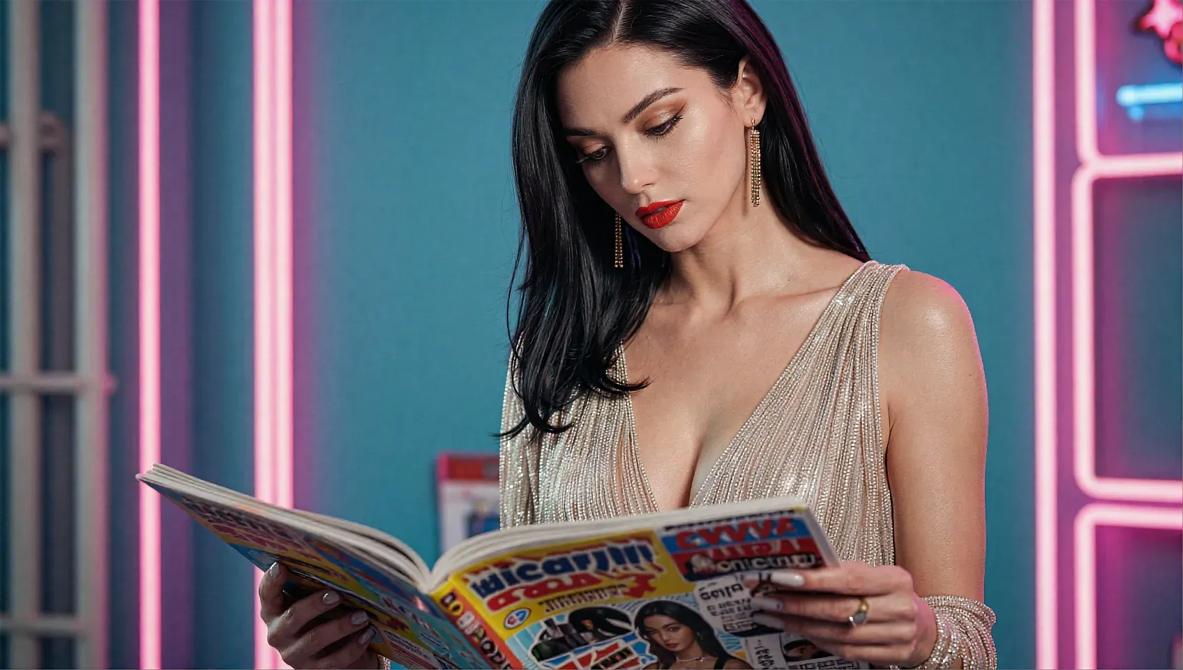 Black-haired woman in gold shimmer dress reading a magazine in a teal room with pink neon accents