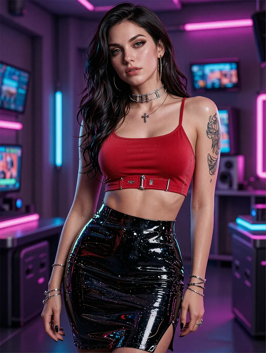 Dark-haired woman in a red crop top and black vinyl skirt with a chain choker in a neon arcade