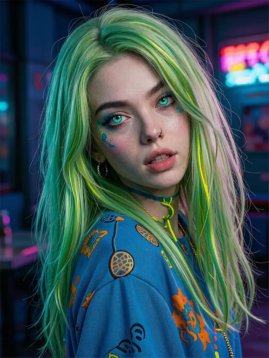 Green-haired woman with teal eyes and face stickers in a blue graphic sweatshirt at a neon-lit bar