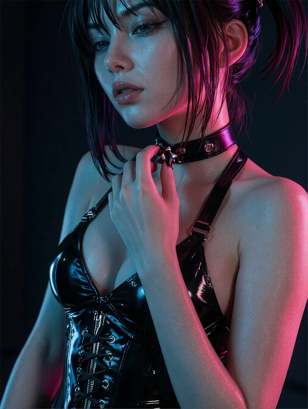 Short-haired woman with purple highlights in a black PVC corset and studded choker under neon glow